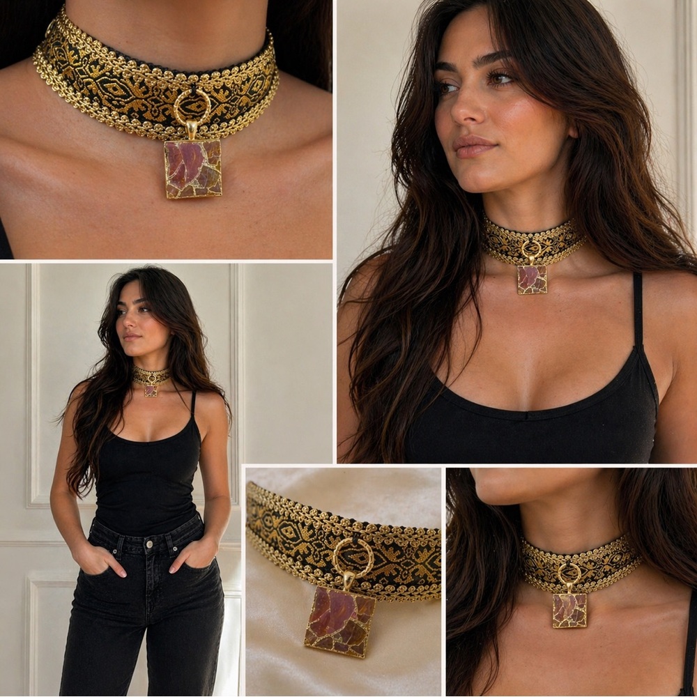OOAK Handmade Gold Brocade Choker + Mosaic Glass Pendant – Boho Collar Nexklace - Picture 3 of 15